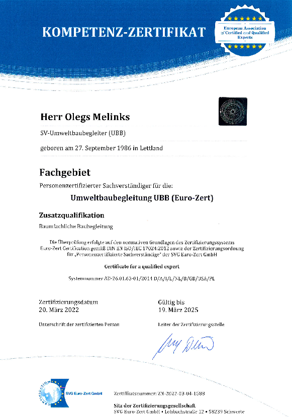 Zertifikat Umweltbaubegleitung Oleg Melinks